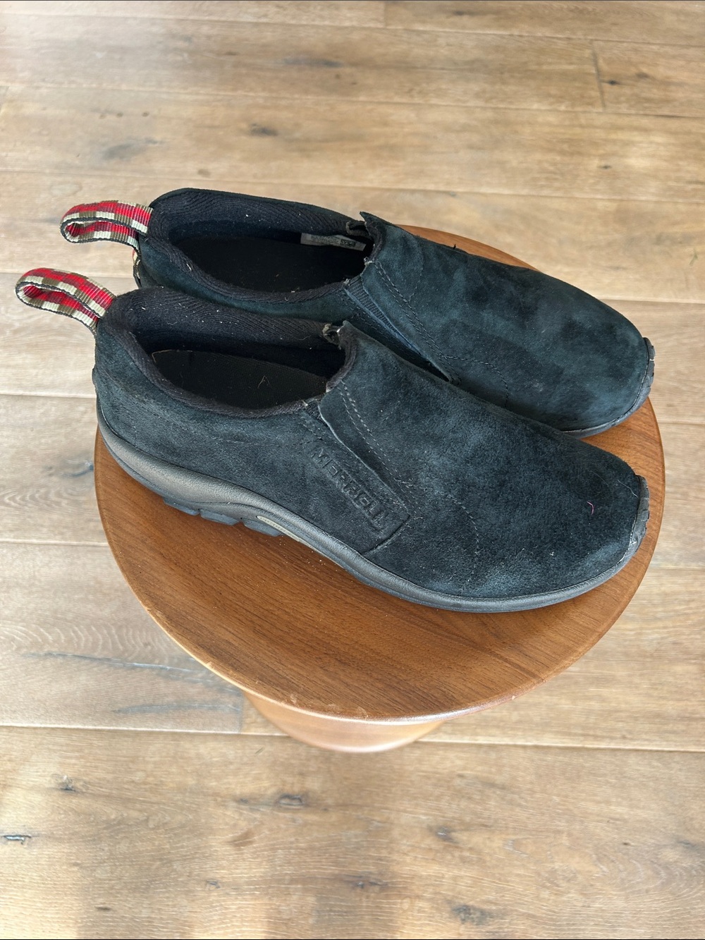Merrell Black Suede Slip-On Jungle Mocs Loafers with Red Heel Tabs
